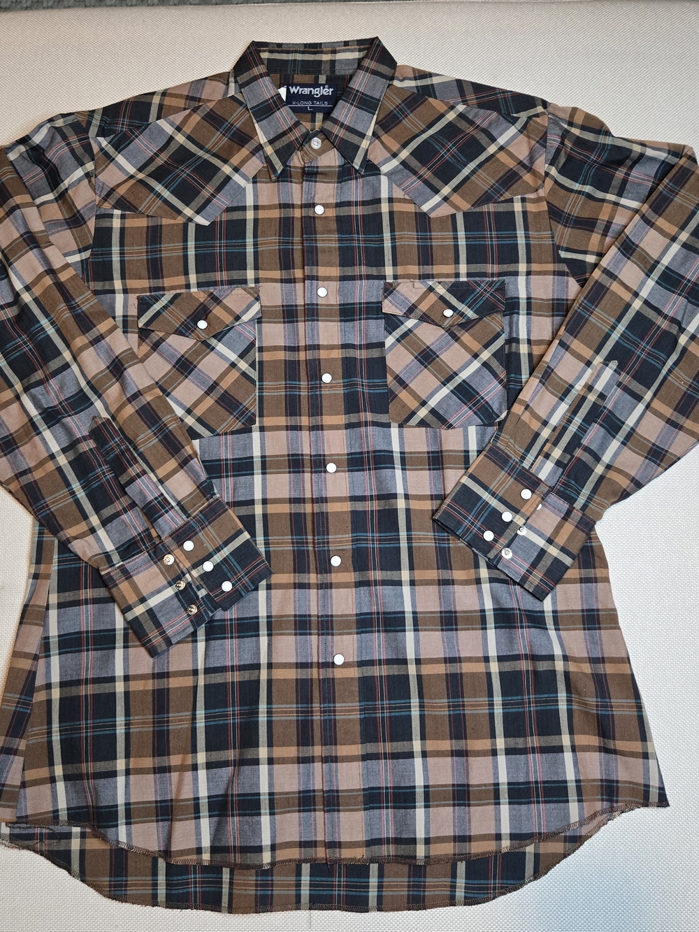 Wrangler X-Long Tails Large Button Up Long Sleeve Shirt Pearl Snaps Brown Plaid